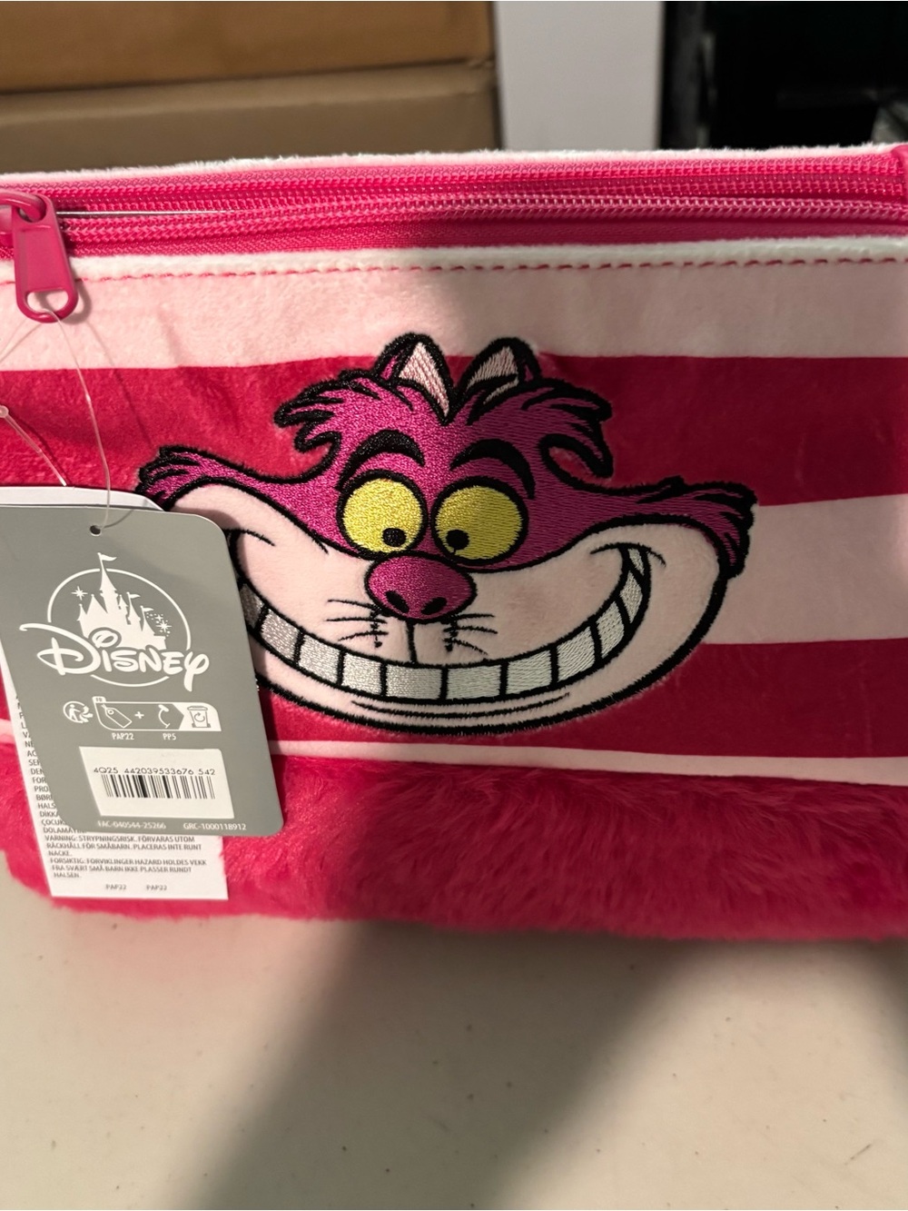 Disney Cheshire Cat Pink Striped Plush Zip Pouch new
